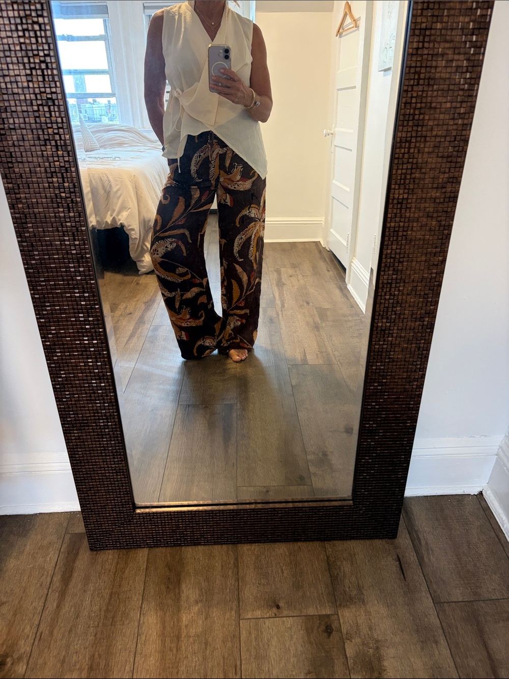 Primark Black Wide-Leg Paisley Pants with Gold and Brown Print